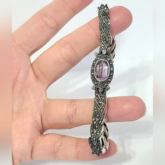 Vintage Art Deco Sterling Silver Purple Amethyst Marcasite Crystal Bracelet - Picture 2 of 15